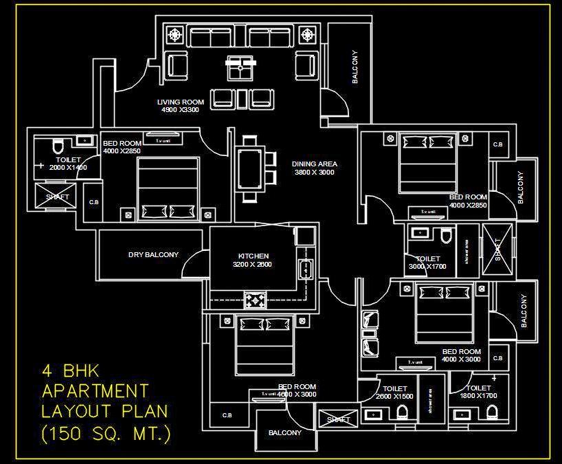 4 BHK Apartment Plan in Autocad DWG - Spacious and Detailed